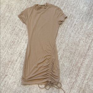 Tan Ruched Short Sleeve Dress